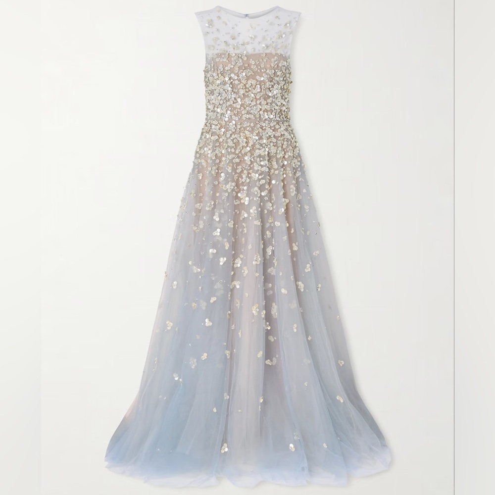 Oscar de la Renta Mother of Pearl Embroidered Illusion Gown